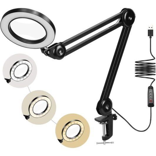 Aougo - 72LED Magnifying Lamp, 5X Desktop Daylight Magnifying Glass with Metal Clamp 3 Color Modes Dimmable for Repairing Crafts, Sewing,