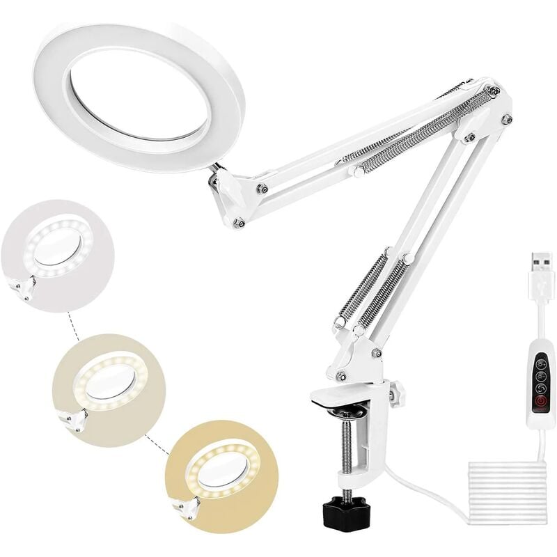 72LED Magnifying Lamp, 5X Desktop Daylight Magnifying Glass with Metal Clamp 3 Color Modes Dimmable for Repairing Crafts, Sewing, Reading(White)