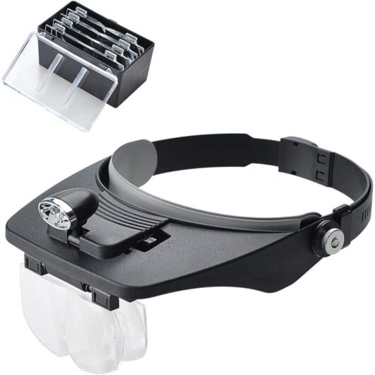 Headband Magnifier with 2 led Lights, Hands-Free Head-Mounted Magnifying Glass with 4 Removable Lenses for Reading, Electronics Repair, Jewelry,
