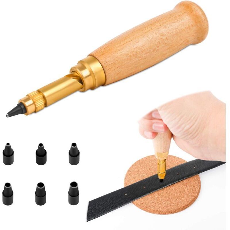 Automatic leather hole punch with wooden handle and 6 interchangeable punches: 1.5 mm, 2 mm, 2.5 mm, 3 mm, 3.5 mm, 4 mm, for sewing, leather goods,