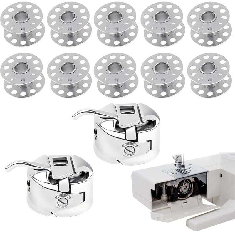 Set of 10 Metal Sewing Machine Bobbins + 2 Bobbin Cases for Toyota, Brother, Janome, Elna, Bernina, and Singer Machines