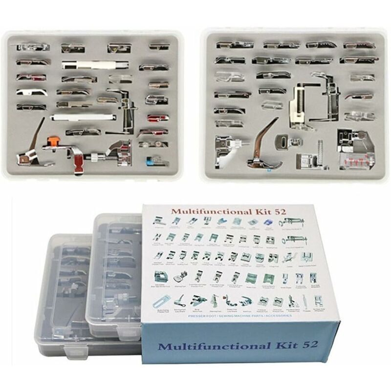 Set of 52 professional presser feet with plastic storage box for low shank sewing machines from Brother, Singer, Janome, Babylock, Toyota, New Home