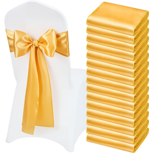 VEVOR Satin Chair Sashes Bows, 50PCS Chair Ribbon Ties Back Sash, 7 x 108 inch, Gold Wedding Reception Decoration, for Wedding Ceremony Baby Shower