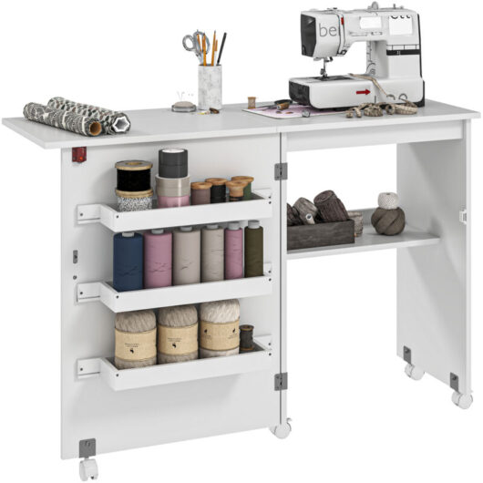 HOMCOM Folding Sewing Table Rolling Craft Table with Drop Leaf Wheels White