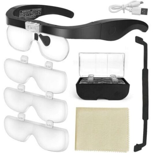 Magnifying Glasses with 2 LED Lights, Headband Magnifier Headset Hands Free for Sewing, Reading Repairs, Jewelry, Watches and Crafts, 4 Detachable